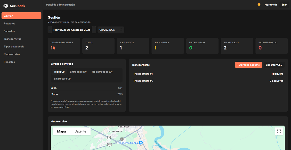 Panel de administración de Secupack: gestión operativa del día, estados de entrega y mapa en vivo.